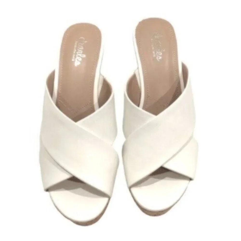 NWT Charles David White Leather Wedge Slide Sandals 9.5M
